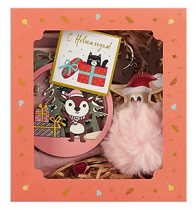 Новогодний подарочный набор Котик (носочки, брелок-помпончик, подвеска, открытка) (18х17) (12-Guangfa-P12)