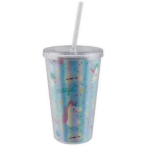 Стакан пластиковый с трубочкой Единороги и облачка голография (500 мл)