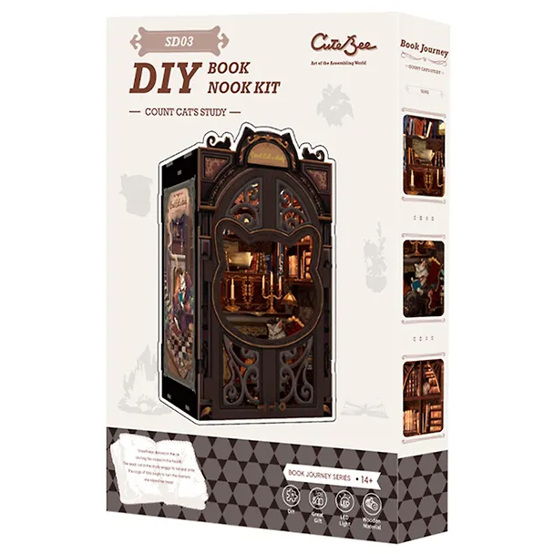 SD03 Конструктор интерьерный  – сборный домик CuteBee - Кабинет графа Кота, 121 деталей (материалы: дерево, картон, пластик, металл), со световыми эффектами (подсветка интерьера), с питанием от 2хААА батареек (не включены), серия DIY, возраст 14+ 3121349 — 10