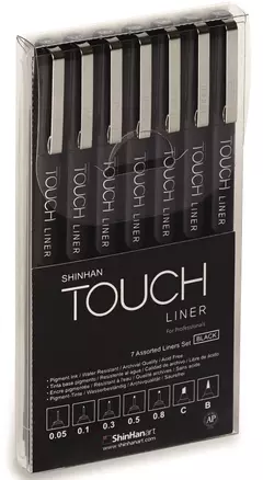 Ручки капиллярные  TOUCH Liner, черный, 7 штук (0.05/0.1/0.3/0.5/0.8, долото, кисть) — 2952036 — 1