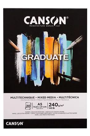 Альбом для смешанных техник А5 20л "Graduate BLACK" 240г/м2, склейка с одной стороны, черная бумага, Canson 3139577