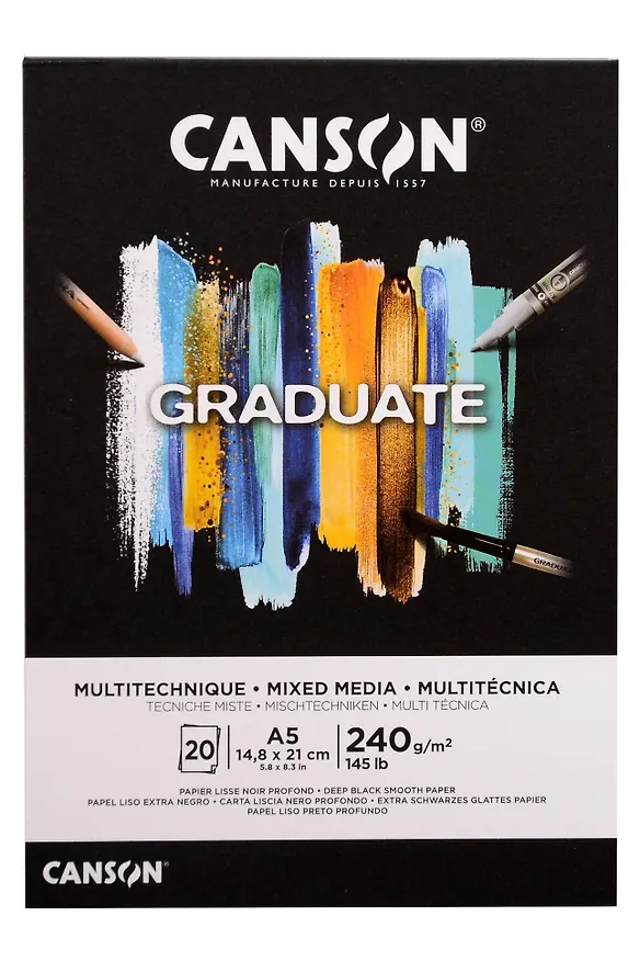 Альбом для смешанных техник А5 20л "Graduate BLACK" 240г/м2, склейка с одной стороны, черная бумага, Canson 3139577 — 1