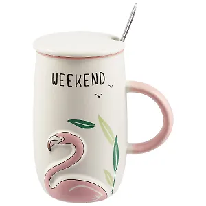 Кружка с крышкой и ложкой Фламинго обьёмный (керамика) (400мл) (12-07057-HY908)