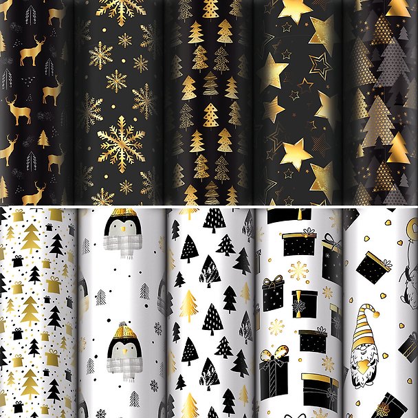 Бумага упаковочная 70*100см "Black.Gold.Whitel" НГ,инд.уп., ассорти 3128099 — 1