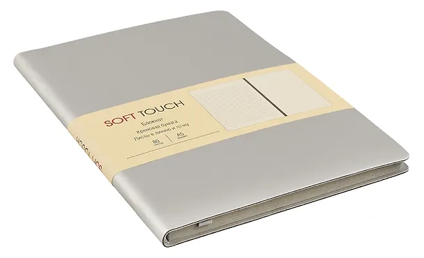 Книга для записей А5 80л "SOFT TOUCH. Серебро" интегр.обл., иск.кожа, офсет 70г/м2, тонир.комбин.блок (в лин., точку, без лин.), скругл.углы, цв.форзацы, цв.торец, ляссе, инд уп. 3009307 — 2