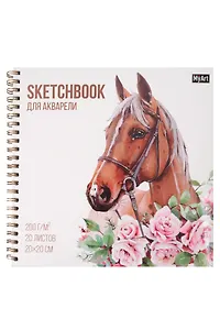 Скетчбук 200*200 20л "Лошадь в цветах" акварел. бумага, 200г/м2, тв. обл, гребень
