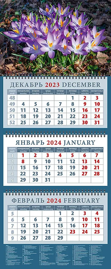 Календарь квартальный 2024г 320*760 "Весенние крокусы" настенный, трёхблочный, спираль 2998271 — 1