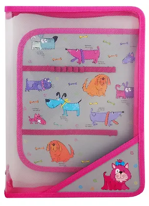 Папка для труда А4 "Собачки" пластиковая, молния с 3х сторон, внутр.блок для канц.принадлежностей 253936