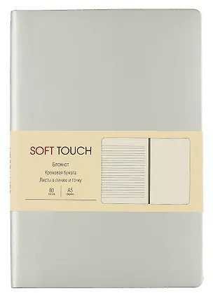 Книга для записей А5 80л "SOFT TOUCH. Серебро" интегр.обл., иск.кожа, офсет 70г/м2, тонир.комбин.блок (в лин., точку, без лин.), скругл.углы, цв.форзацы, цв.торец, ляссе, инд уп. 3009307
