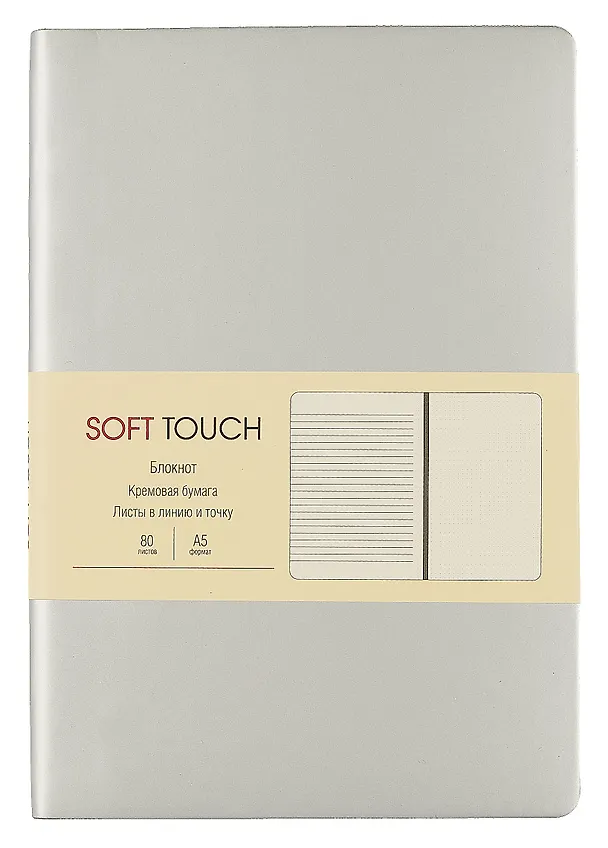 Книга для записей А5 80л "SOFT TOUCH. Серебро" интегр.обл., иск.кожа, офсет 70г/м2, тонир.комбин.блок (в лин., точку, без лин.), скругл.углы, цв.форзацы, цв.торец, ляссе, инд уп. 3009307 — 1