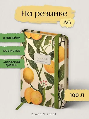 Записная книжка на резинке А6 100 листов в линию "FLORA.РАЙСКИЕ ЛИМОНЫ", Bruno Visconti 3166597