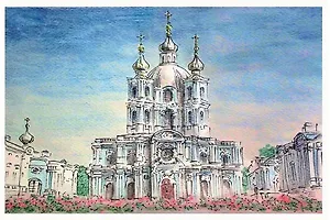 Открытка 10*15см тушь СПб Смольный собор О/010/009