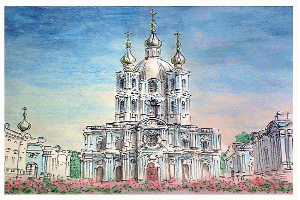 Открытка 10*15см тушь СПб Смольный собор О/010/009 358653 — 1