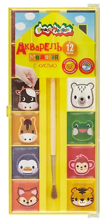 Краски акварельные 12цв "ЗВЕРЯТА В ДОМИКЕ" кисть, пласт.уп., Каляка-Маляка 3044986