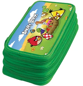 Пенал школьный 3отд. "ANGRY BIRDS" 19*11,5*6,5см, прямоугольный, c наполнением (32 предметов), зеленый, Angry birds