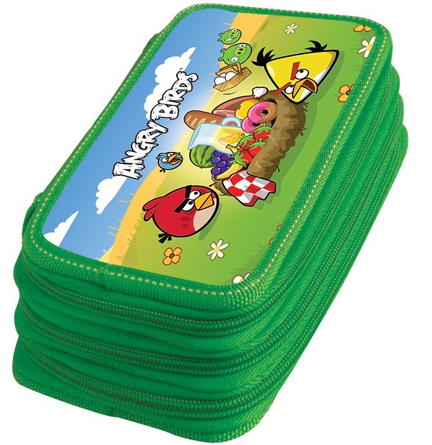 Пенал школьный 3отд. "ANGRY BIRDS" 19*11,5*6,5см, прямоугольный, c наполнением (32 предметов), зеленый, Angry birds 229215 — 1