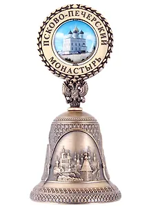 Колокольчик металлический 3-вида рельефная вставка цветная "Псков. Собор - Часовня + Памятник" цвет бронза