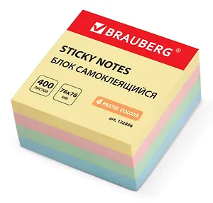 Блок бумаги 76*76мм самоклеящийся 400л 4цв пастель, BRAUBERG
