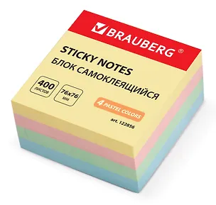 Блок бумаги 76*76мм самоклеящийся 400л 4цв пастель, BRAUBERG 2937132