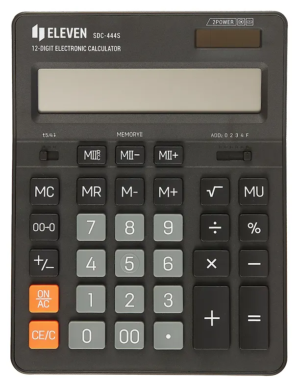 Калькулятор 12 разрядный, настольный, 2-е питан., черный, Eleven SDC-444S 3010235 — 2