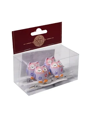 Декор. прищепка Розово-фиолетовые совушки (39435) (набор 4шт) (из древесины березы с декором из полирезины) (упаковка) 2482186