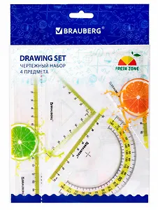 Набор геометрический малый "FRESH ZONE" линейка 15см, 2 треуг., транспортир, желтая шкала, BRAUBERG