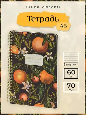 Тетрадь на спирали, в клетку, А5, 60 листов, "FLORA.PARADISE.ORANGES", Bruno Visconti 3166183