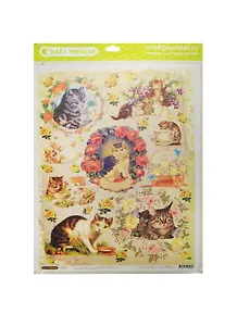 Рисовая бумага для декупажа Craft Premier Коты в розах (CP09606) (А3) (25г/м) (упаковка)