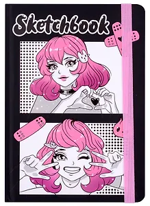 Скетчбук А5 80л "Девушка аниме" 70г/м2, кремовая бумага, тв. переплет, резинка