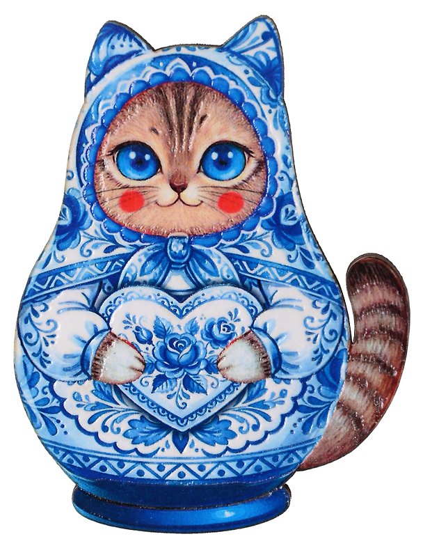 Магнит Матрёшка Кошка Гжель (7х9) (дерево) (м1206) 3181115 — 1