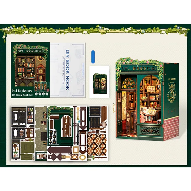 SD02 Конструктор интерьерный  – сборный домик CuteBee - Книжный магазин "Сова", 88 деталей (материалы: дерево, картон, пластик, металл), со световыми эффектами (подсветка интерьера), с питанием от 2хААА батареек (не включены), серия DIY, возраст 14+ 3121348 — 10