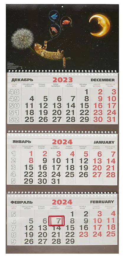 Календарь квартальный 2024г 293*180 "Кот на одуванчике" настенный, трёхблочный, спираль 3020295 — 1