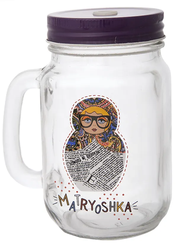 Сувенир, Кружка для напитков Матрешка из стекла,с крышкой из луженой стали, 450мл, 6,5*6*13см 342648 — 1