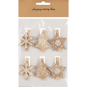 Прищепки Новогодние (снежинка, елочка,звездочка), 6 шт, 3,5 х 5 см( дерево)