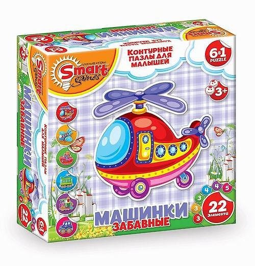 Контурные Пазлы (6в1) (52001) Забавные машинки (транспорт) (22эл) (коробка) 2296765 — 1