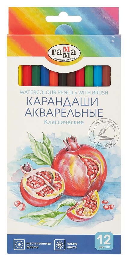 Карандаши цветные акварельные с кистью «Классические», ГАММА, 12 цветов 3044980 — 1