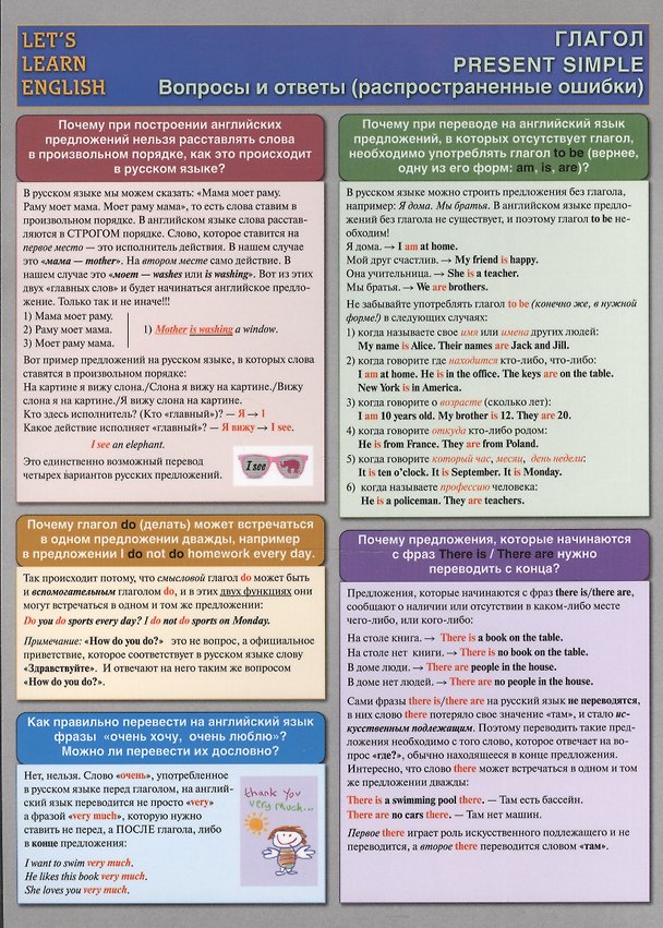 Книга Let`s Learn English. Глагол. Present Simple. Вопросы и ответы (распространенные ошибки). Двухсторонняя карточка, ламинат () — 1