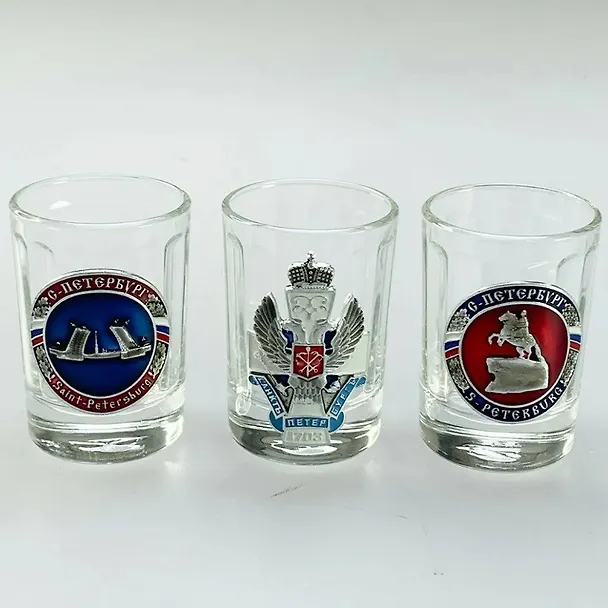 Сувенир, АКМ, Набор стопок Виды СПБ с мет.знач 3шт., стекло CT-M-01-3 359657 — 4