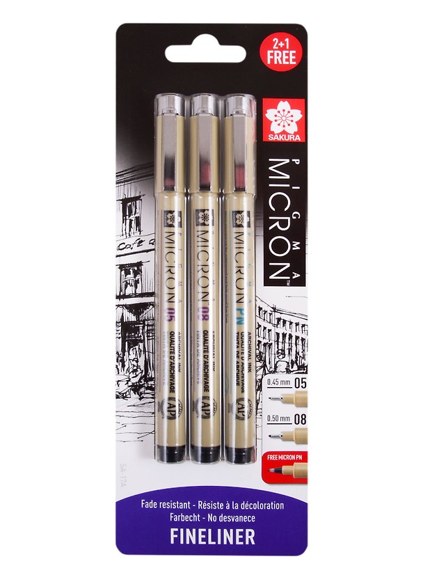 Набор капиллярных ручек «Pigma Micron» 3 штуки, чёрные, 0,45-0,5 мм, Sakura 257522 — 1