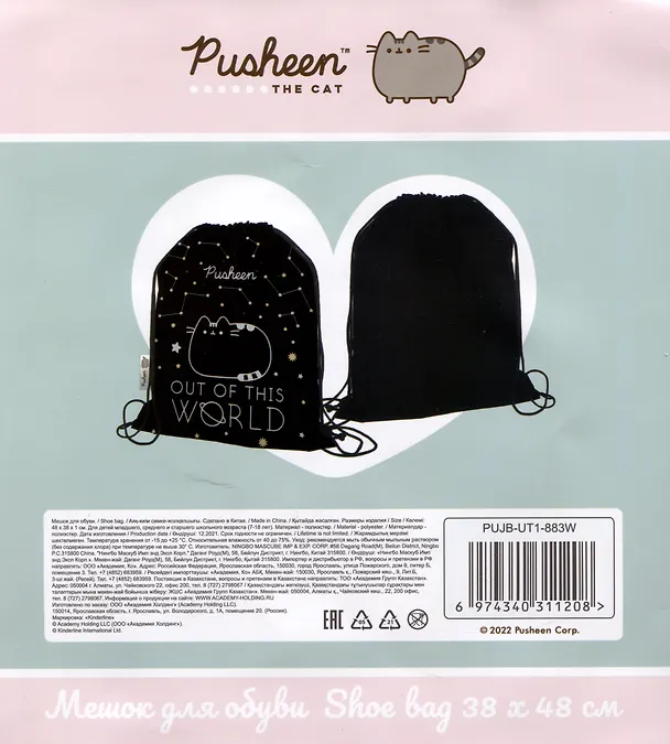 Мешок для сменной обуви "Pusheen" 38*48, полиэстер 2980416 — 2