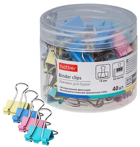 Зажимы для бумаг 19мм 40шт цветные, пласт/уп, Hatber