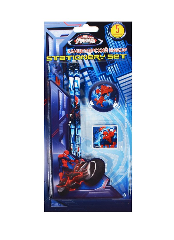 Набор канцелярский "Spiderman" (линейка, 2 ч/г карандаша с ласт., ласт. фигур., точилка), блистер, Disney 236968 — 1