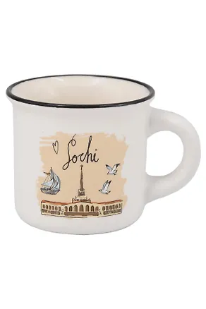 Кружка маленькая белая Морской порт,чайки,парусник (фарфор) (75мл) (Сочи) (065-9-M-135-D1-W) 3133785