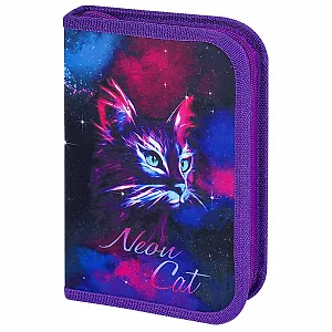 Пенал 1 отделение "Neon cat" с наполнением, 21*14 см, 24 предмета