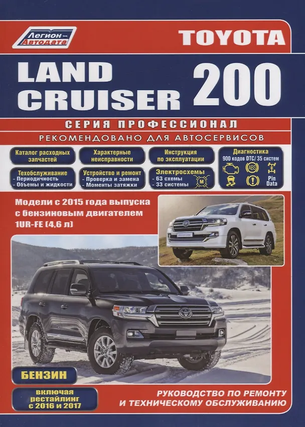 Книга Toyota Land Cruiser 200. Модели с 2015 года выпуска с бензиновым двигателем 1UR-FE (4,6 л). Включены рестайлинговые модели с 2016 и 2017 гг. выпуска. Каталог расходных запасных частей. Характерные неисправности. Руководство по ремонту () — 1