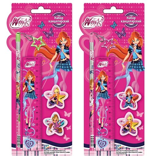 Набор канцелярский (карандаш ч/гр,лин.15см,2 ластика) блист., Winx 218096 — 1