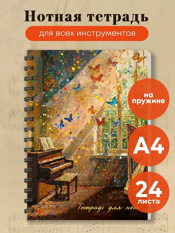 Тетрадь для нот. Комната с бабочками (24 л., А4, вертикальная, навивка) 3171209 — 3