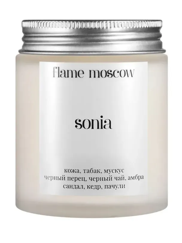 Свеча ароматическая Sonia (Кожа,Табак,Мускус,Черный перец,Черный чай,Амбра,Сандал,Кедр,Пачули) (110мл) (flame-MC011) 3103909 — 1