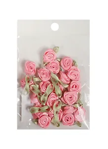 Пришивные розочки с листиками светло-розовые (1,5см)(20шт)(пакет) (11-01055-QS73-4)