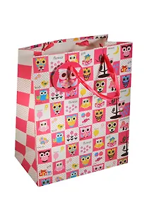 Пакет подарочный бумажный А4 26*32*12 "Совы. Owls", розовые квадраты, мат. ламинат, Хансибэг